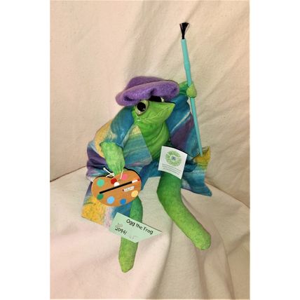 OGG THE FROG HANDCRAFTED BEAN STUFFED ARTIST FROG with BERET PALLET PAINTBRUSH