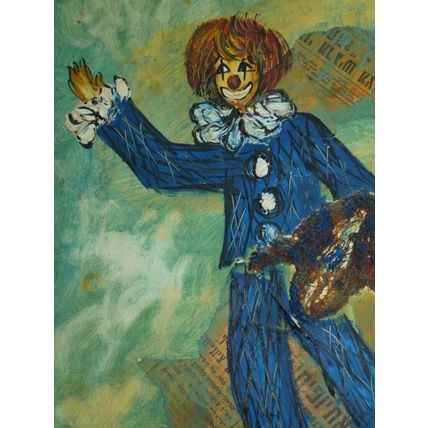 Vintage 1978 Oil Painting and Collage, Happy Clown, Signed Kovetz 48.7 x 33.8 cm