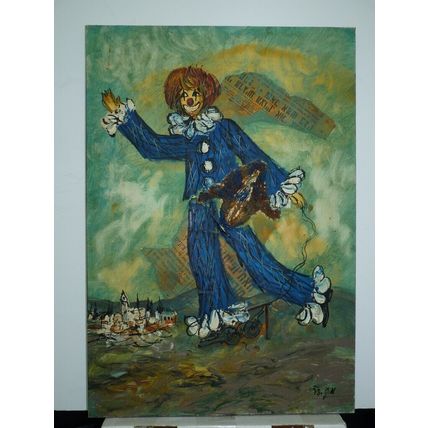 Vintage 1978 Oil Painting and Collage, Happy Clown, Signed Kovetz 48.7 x 33.8 cm