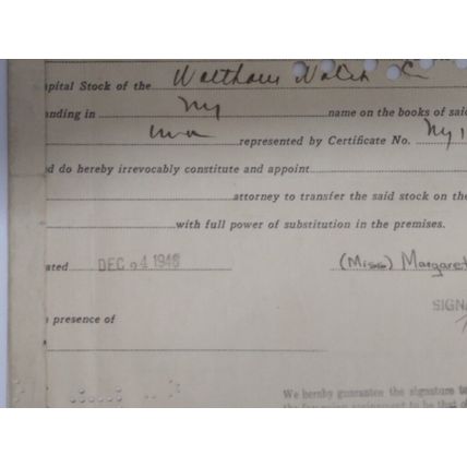 Vintage 1946 Certificate 100 Shares Waltham Watch Co , Signed, 20.5 x 30.5 cm