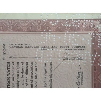 Vintage 1946 Certificate 100 Shares Waltham Watch Co , Signed, 20.5 x 30.5 cm