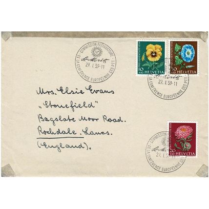 SWITZERLAND HELVETIA PRO JUVENTUTE 1958 FLOWERS ON COVER TO UK ST MORITZ CANCEL