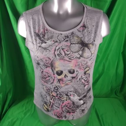 Dots Women's Sleeveless T-Shirt Gray Skull & Cross Sz XL