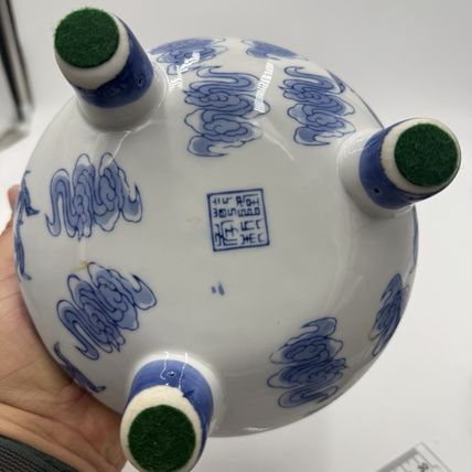 Vtg Quainlong Chinese Incense Burner Bowl Porcelain Marked Dragons Tripod Handle