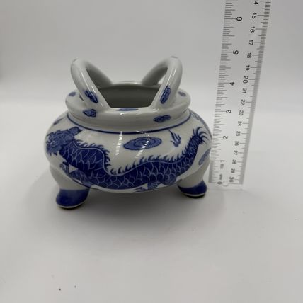 Vtg Quainlong Chinese Incense Burner Bowl Porcelain Marked Dragons Tripod Handle