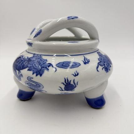 Vtg Quainlong Chinese Incense Burner Bowl Porcelain Marked Dragons Tripod Handle