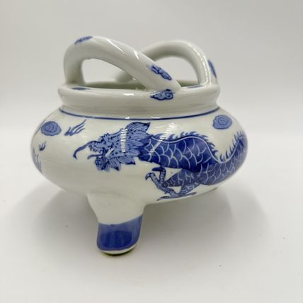 Vtg Quainlong Chinese Incense Burner Bowl Porcelain Marked Dragons Tripod Handle