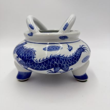 Vtg Quainlong Chinese Incense Burner Bowl Porcelain Marked Dragons Tripod Handle