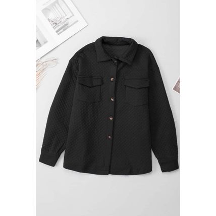 Black Lattice Texture Retro Flap Pocket Button Shacket