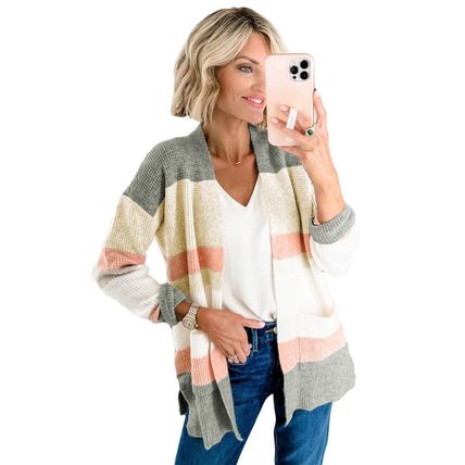 Multicolor Color Block Striped Pocketed Open Cardigan
