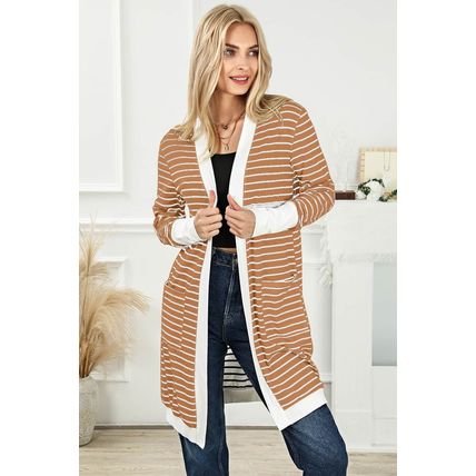 Brown Striped Side Pockets Open Front Cardigan