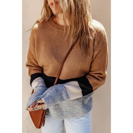 Brown Color Block Striped Ribbed Knit Sweater