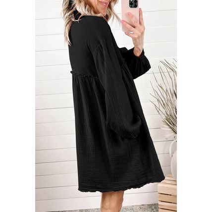 Black Patchwork Crinkle Puff Sleeve Shirt Dress
