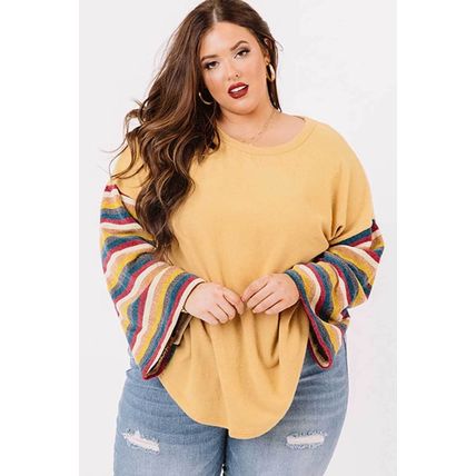 Yellow Serape Striped Bell Sleeve Plus Size Top