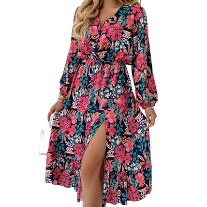 Red V Neck Elastic High Waist Split Floral Dress