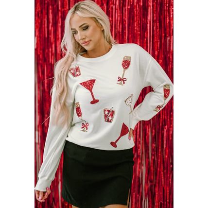 Beige Sequin Cheers Wineglasses Christmas Sweatshirt
