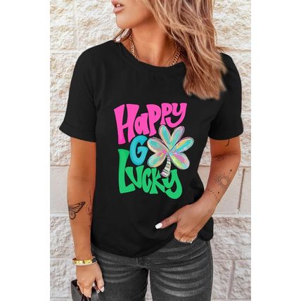Black Happy GO Lucky Clover Print Crew Neck T Shirt