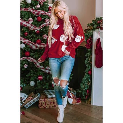 Fiery Red Santa Claus Sequin Graphic Sweatshirt