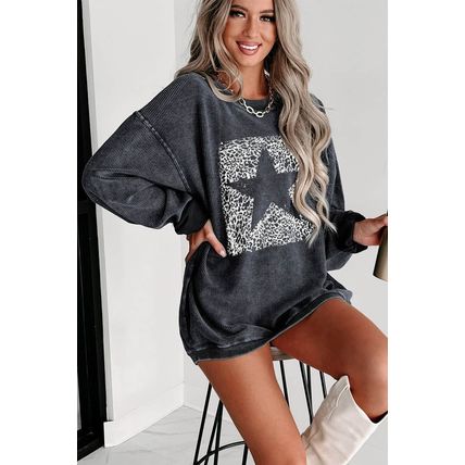 Gray Leopard Star Graphic Corded Sweatshirt