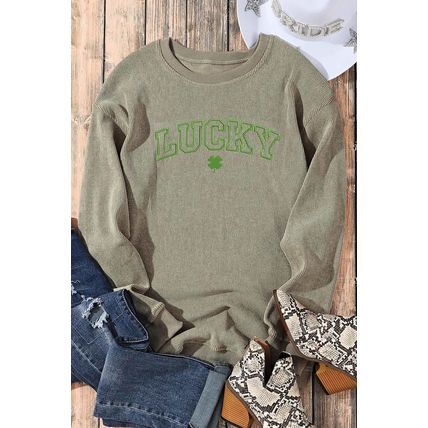 Green LUCKY Clover Embroidered Corded Crewneck Sweatshirt