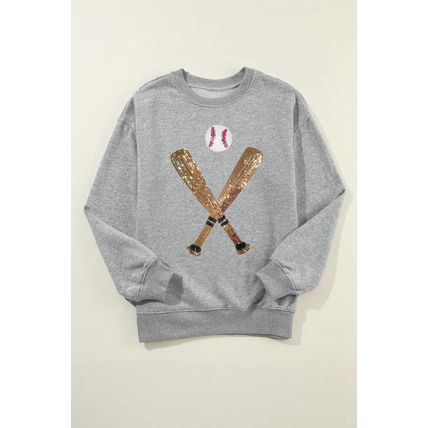 Gray Sequin Baseball Graphic Crewneck Game Day Sweatshirt