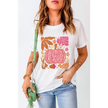 White Floral Pumpkin Printed Crewneck Thanksgiving T Shirt