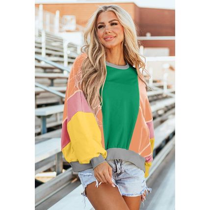 Dark Green Colorblock Patchwork Exposed Stitching Oversize Top