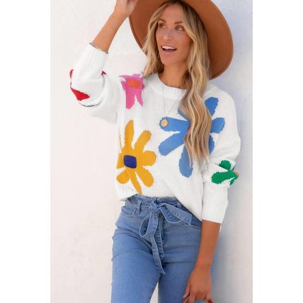 White Colorful Big Flower Pattern Crewneck Sweater