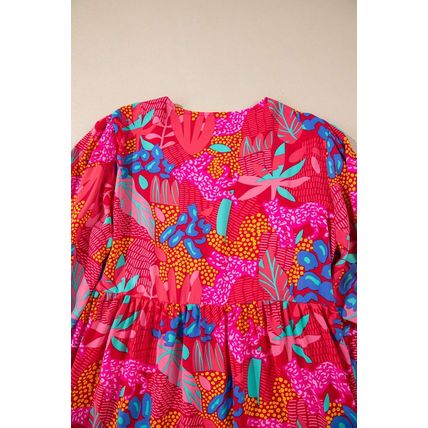 Rose Tropical Printed Lantern Sleeve V Neck Ruffled Plus Size Mini Dress