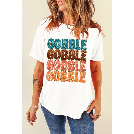 White Heat Transfer GOBBLE Graphic Crewneck Thanksgiving T Shirt