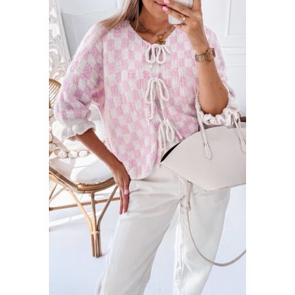 Light Pink Checkered Knitted Lace-up Ruffled 3/4 Sleeve Cardigan