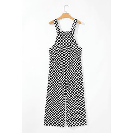 Black Checkered Print Pocketed Wide Leg Jumpsuit