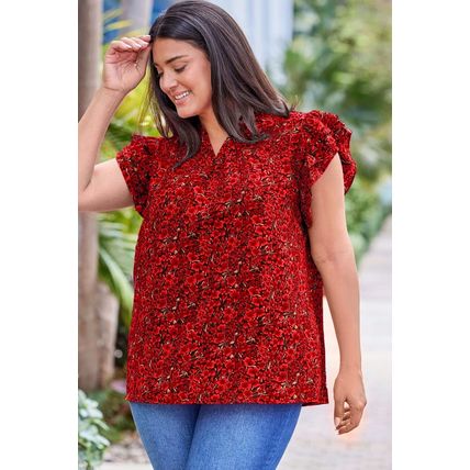 Fiery Red Rose Floral Print Ruffle Sleeve Plus Size Shift Top