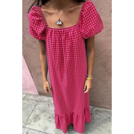 Rose Ginham Check Bubble Sleeve Ruffled Maxi Dress