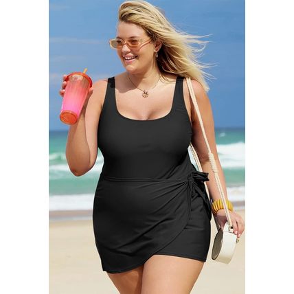 Black Solid Color Square Neck Knotted Plus Size One Piece Swimsuit