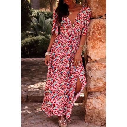 Red Floral Half Sleeve Deep V Neck Cutout Back Split Maxi Dress