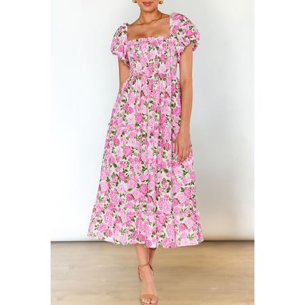 Pink Dainty Floral Smocked Puff Sleeve Flowy Long Dress