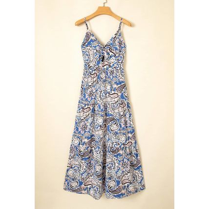 Blue Paisley Print Twist Detail Smocked Back Spaghetti Straps Long Dress