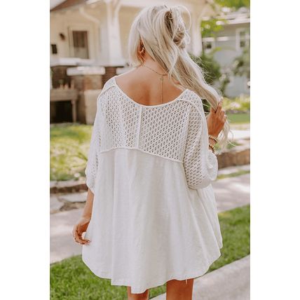 White Eyelet Patchwork High Low Hem V Neck Oversized Top