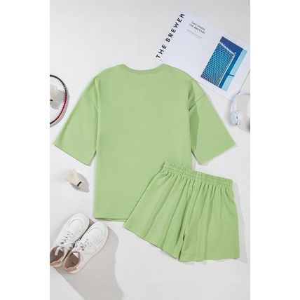 Meadow Mist Green Solid Loose V Neck Half Sleeve Tee and Shorts