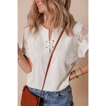 White Ribbed Texture Lace Patchwork Short Sleeve Top