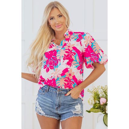 Rose Tropical Plant Printed V Neck Puff Sleeve Blouse
