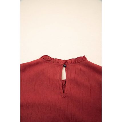 Red Dahlia Solid Color Pleated Detail Ruffle Short Sleeve Blouse