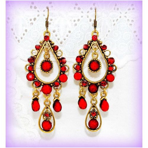 Tibetan Hill Tribe Style Red Crystal Bronze Hook Earrings Jewellery 1034