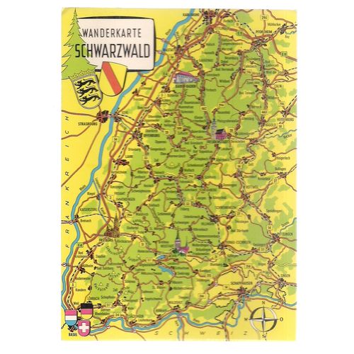 Map of SCHWARZWALD, BLACK FOREST, GERMANY, unused vintage postcard #