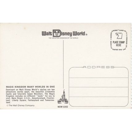 Standard size printed postcard of Disney World Magic Kingdom USA