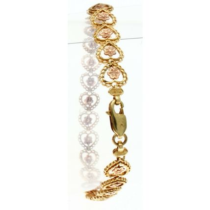 Solid 14K Gold Multi Tone Tri Color Flower in Heart Bracelet 9.9 Gr 8 Inch Long