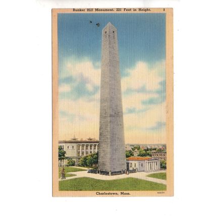 VINTAGE LINEN POSTCARD OF BUNKER HILL MONUMENT CHARLESTOWN MASSACHUSETTS (1709)