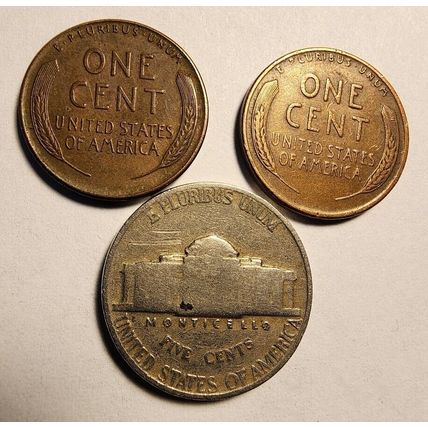 Lot of 9 Coins 2 Steel 1943 Pennies 3 Jefferson Nickels 1941-54 4 Wheat Pennies