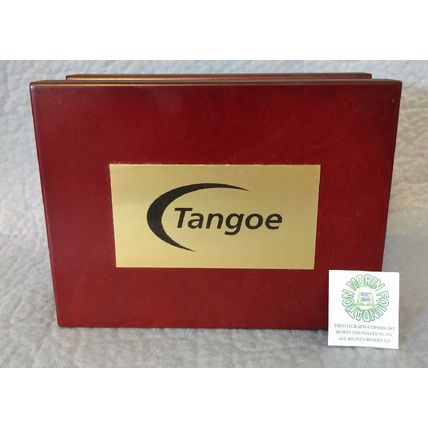 MAHOGANY COLORED HINGED BOX with TANGOE PLAQUE and GREEN FELT LINING